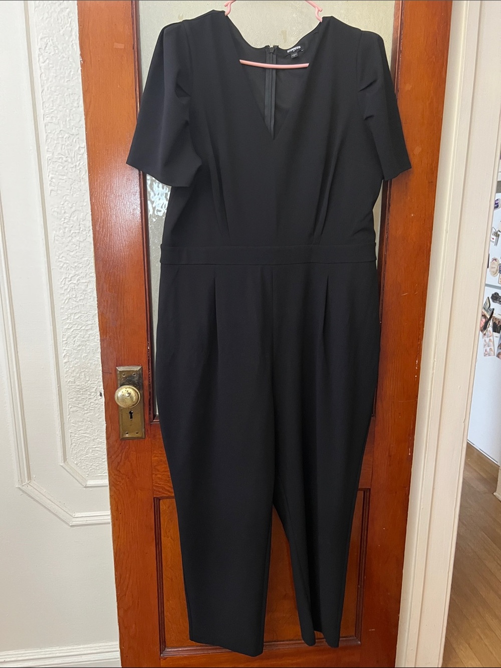 Express Women’s Black Jumpsuit — Classic V-Neck Short Sleeve